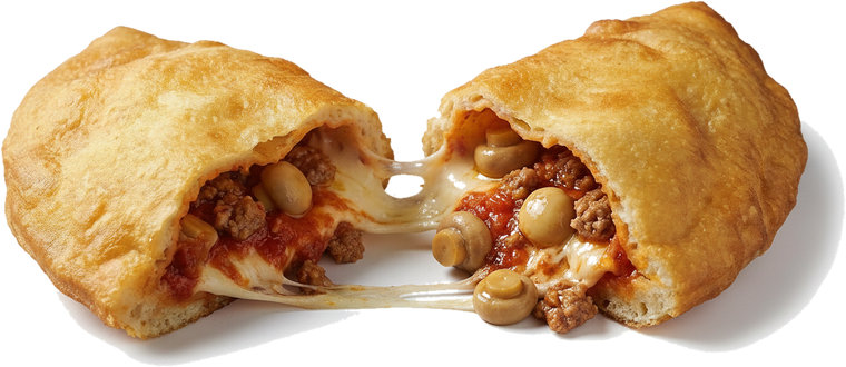 Panzerotto fritto spaccato con mozzarella filante, salsiccia di Norcia e champignon